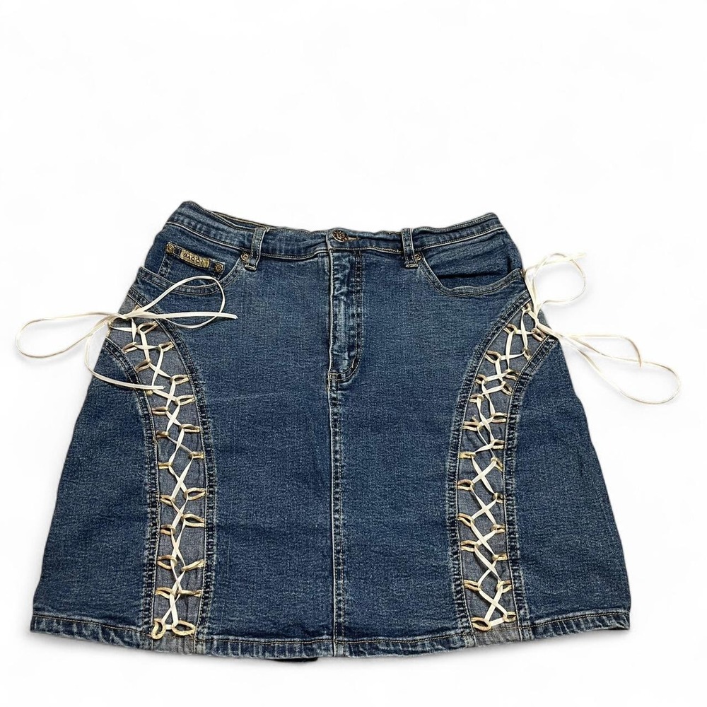 vintage bacci dark wash denim skirt with lace up detail